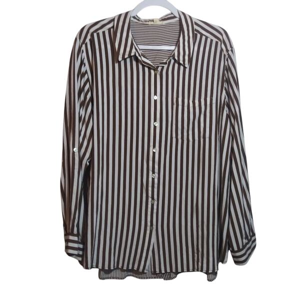 Jane and Delancey Brown and White Striped Boyfriend Button-Up Back Shirt Sz 2X - Picture 1 of 12